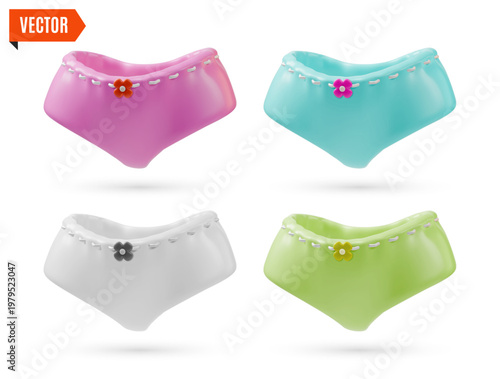 3d Color Different Panty Women Underwear Set Concept Cartoon Design Style Isolated on a White Background. Vector illustration