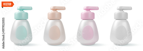3d Color Different Daily Intimate Gel or Soap Liquid Bottle Dispenser Wash Set Concept Cartoon Design Style. Vector illustration