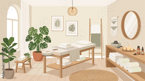 A peaceful spa room interior with a massage table, plants, candles, and rolled towels, evoking tranquility and relaxation for wellness services.