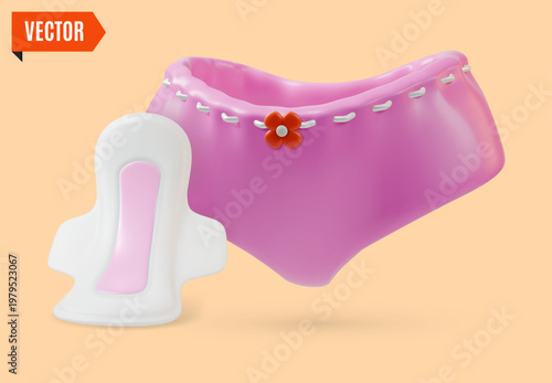 3d Color Women Health Concept Floating Hygiene Pads and Female Panties Set Cartoon Design Style. Vector illustration