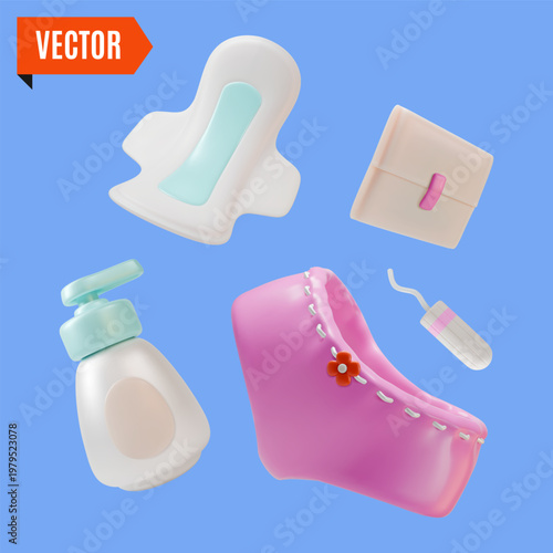 3d Color Women Health Concept Daily Intimate Gel, Panty Hygiene Pads, Cotton Tampon and Menstrual Cup Set Cartoon Design Style. Vector illustration