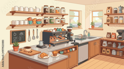 A charming, light-filled cartoon illustration of a cozy coffee shop interior with an espresso machine, coffee beans, cups, and pastries on the counter.