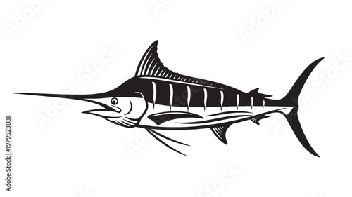 Marlin fish silhouette tattoo style with bold black line art and long body fins on clean white background