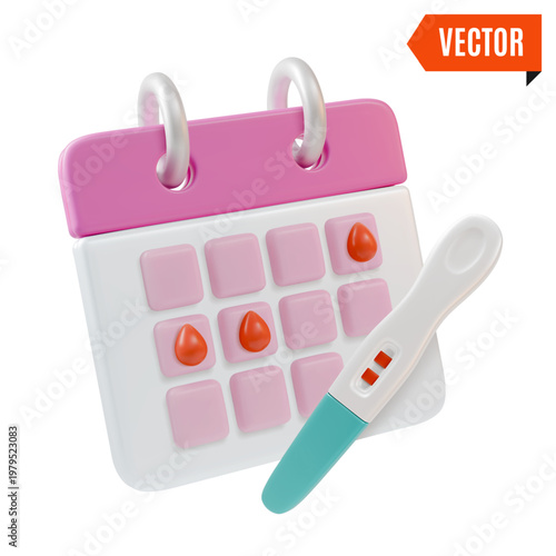 3d Color Women Health Concept Menstrual Cycle Female Calendar and Pregnancy Test Set Cartoon Design Style. Vector illustration