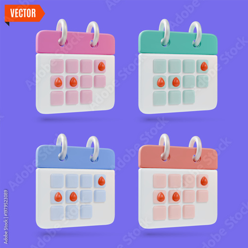 3d Color Different Menstrual Cycle Female Health Calendar Set Concept Cartoon Design Style. Vector illustration