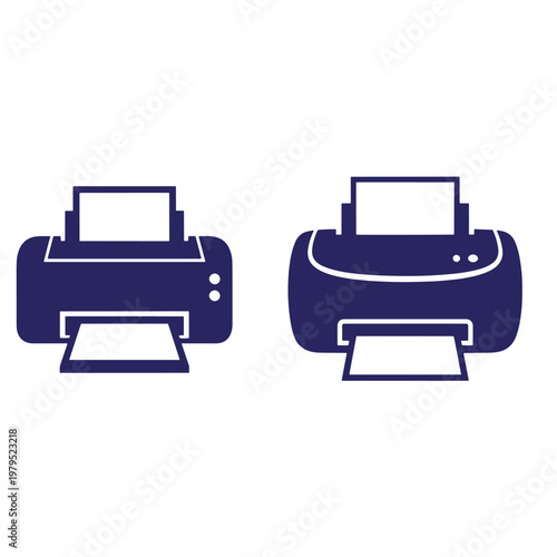 Dark blue printer two models with paper output office equipment printing