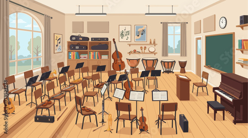A music classroom setting with various orchestral instruments, sheet music, chairs, and a piano, ready for a rehearsal or lesson.