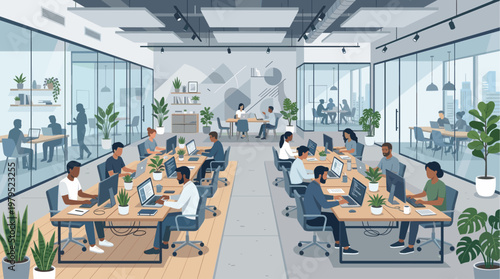 A diverse group of men and women collaborate in a bright, modern open-plan office, working on laptops and computers at shared desks.