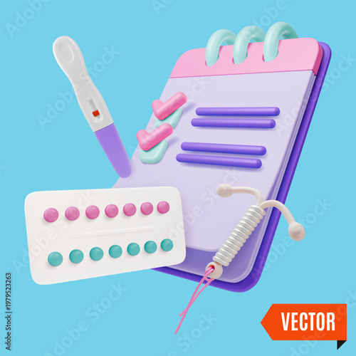 3d Color Women Health Concept Birth Control Pills, Pregnancy Test and Contraceptive Spiral Set Cartoon Design Style. Vector illustration