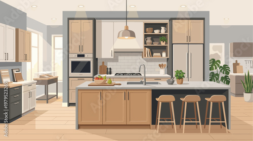 A bright and airy modern kitchen features a central island with bar stools, clean lines, neutral colors, and natural light streaming from large windows.