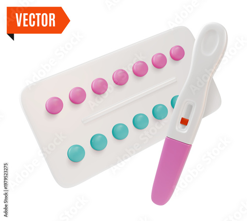 3d Color Women Health Concept Birth Control Pills and Pregnancy Test Set Cartoon Design Style. Vector illustration