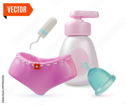 3d Color Women Health Concept Female Panties,Intimate Gel or Soap, Tampon and Menstrual Cup Set Cartoon Design Style. Vector illustration