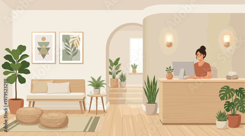 A smiling woman works at a reception desk in a bright, modern office with plants and minimalist art, creating a welcoming atmosphere.