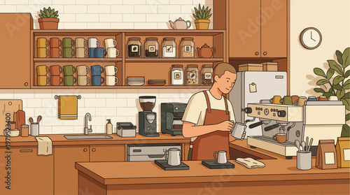 A young male barista in an apron is preparing a drink behind a coffee shop counter, surrounded by coffee making equipment and supplies.