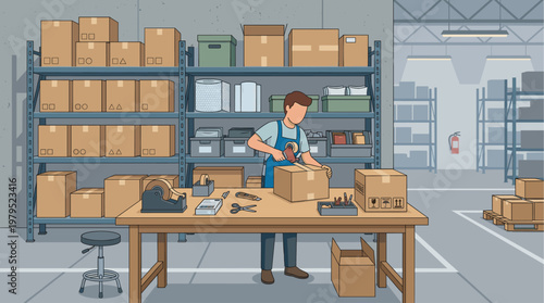 A man wearing an apron tapes up a cardboard box on a table filled with packing supplies in a well-stocked warehouse.
