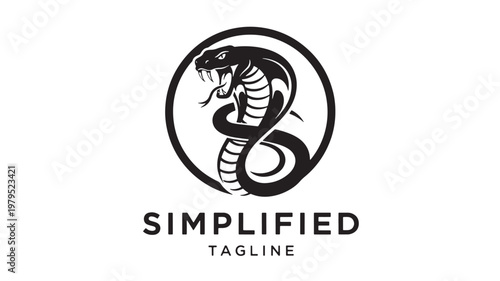 Snake cobra logo emblem with simplified black line art and stylized typography for branded gaming or streetwear design