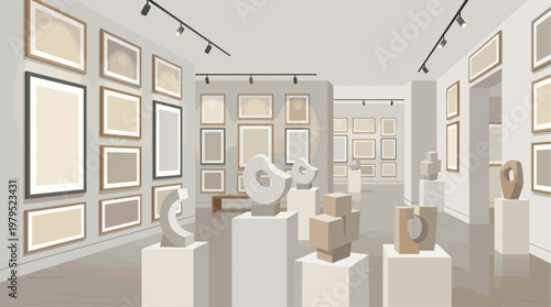 A modern art gallery interior featuring abstract sculptures on pedestals and framed artwork displayed on neutral walls under track lighting.