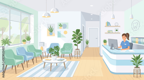 A friendly female receptionist works at a computer in a modern dental office waiting area with plants and comfortable seating.