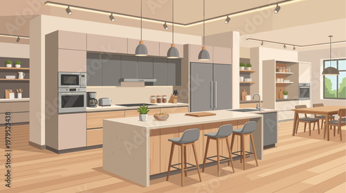 An inviting, stylish modern kitchen interior with a breakfast bar island, comfortable stools, dining table, and natural light streaming in, perfect for home decor or lifestyle concepts.
