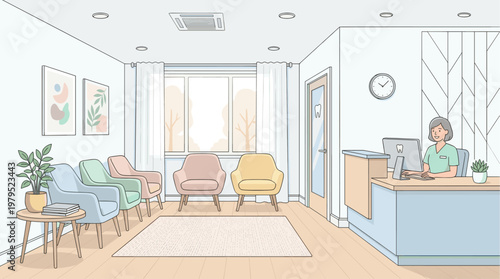 A bright and modern dental waiting room illustration, featuring a friendly assistant at the reception desk and comfortable seating for patients.