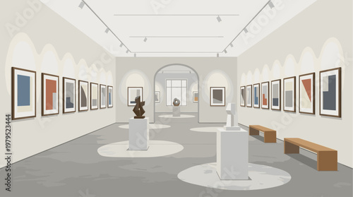 A contemporary art gallery showcases abstract sculptures and framed modern art on white walls, with spotlights and benches for visitors.