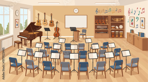 A bright, organized music classroom is set up for practice or performance with various instruments, chairs, and score stands, inviting a sense of learning and creativity.