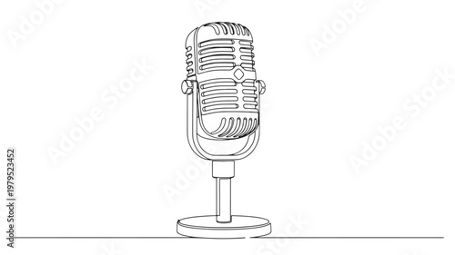 Microphone icon line art with vintage studio style on stand for podcast recording and radio broadcast