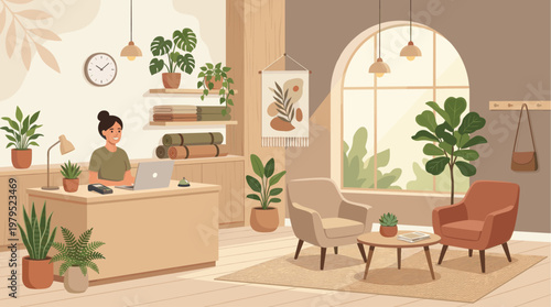 A smiling woman works at a reception desk in a modern, minimalist room filled with plants and natural light from a large arched window.