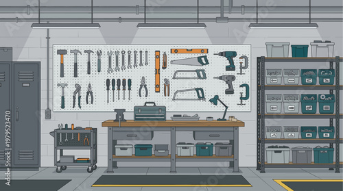 A meticulously organized workshop scene featuring a workbench with tools, storage bins, a locker, and a pegboard displaying various hand and power tools.