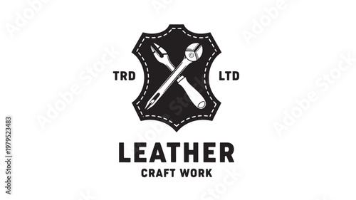 Leather craft work emblem with crossed tools and TRD LTD text for workshop branding and logo design featuring tailoring, leatherworking,