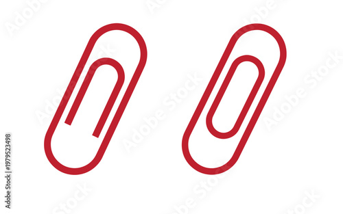 Two red paperclips on white background, metal office supplies stationery
