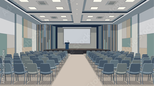 An empty, modern conference room with rows of blue chairs facing a stage with a podium and screen, ready for a presentation or lecture.