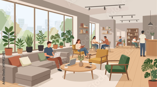 A vibrant, modern office lounge with diverse people working on laptops, reading, and conversing near large windows with city views and abundant plants.