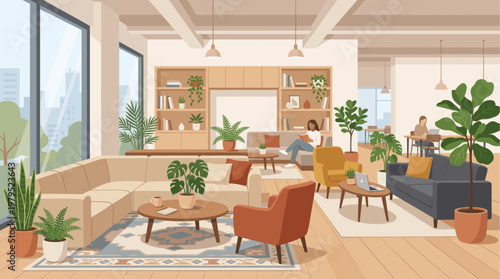 A cozy, sunlit modern living room with large windows, comfortable seating, abundant plants, and two people engaged in leisure activities.