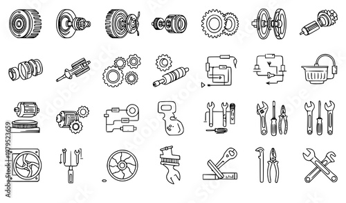 Electric motor schematic icon set engineering repair vector symbols