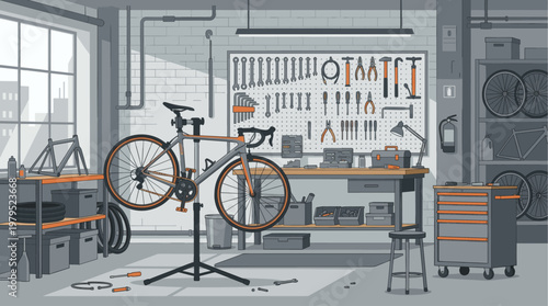 A clean, organized bicycle repair workshop featuring a road bike on a stand, tools on a pegboard, and various spare parts and equipment.