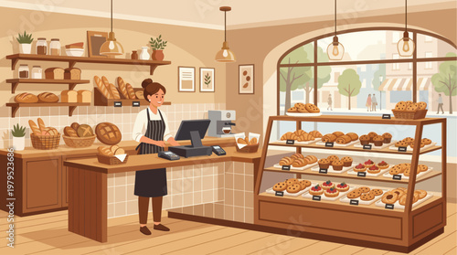 A friendly baker stands behind the counter in a warm, inviting bakery, surrounded by fresh breads and pastries displayed in a window case, with a street scene visible outside.