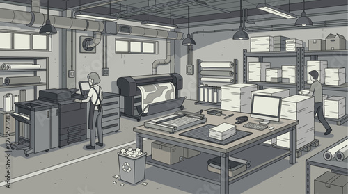 A busy printing operation with workers using large format printers, copy machines, and organizing paper supplies in a warehouse-like environment.