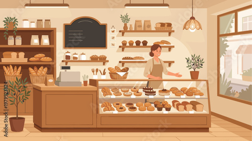 A smiling baker in an apron stands behind a display case filled with fresh bread, cakes, and pastries, in a warm and inviting bakery setting.