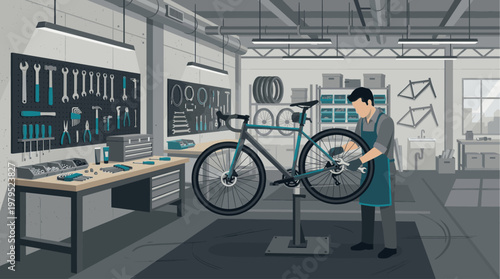 A focused mechanic wearing an apron works on a bicycle in a well-lit workshop, surrounded by tools, spare parts, and bike frames.