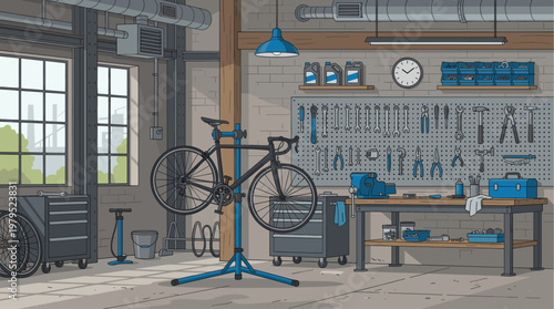 A detailed illustration of a well-equipped bicycle repair workshop with tools, a bike on a stand, and various spare parts neatly organized.