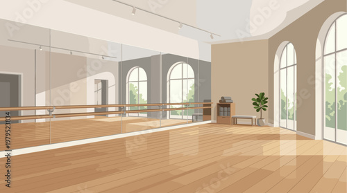 A spacious and bright dance studio with wooden floors, mirrors, and a barre, illuminated by natural light streaming through large arched windows, creating a serene atmosphere.