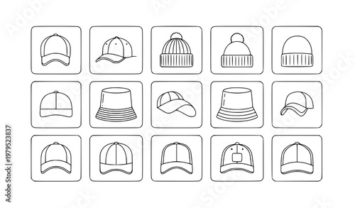 Headgear and cap outline vector icon set on white background