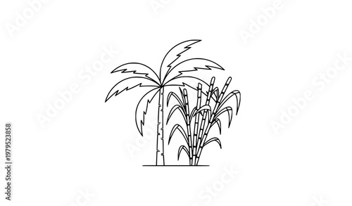 Palm tree and sugarcane outline vector logo icon on white background