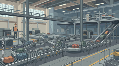 A worker in a safety vest observes a complex industrial baggage handling system with numerous conveyor belts carrying various suitcases and bags.