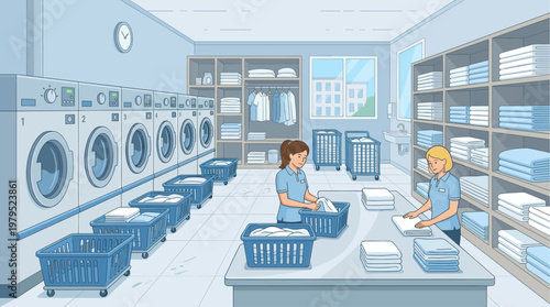 Two women in uniform fold clean laundry in a bright, modern laundromat with rows of washing machines and shelves full of towels.