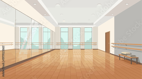 A bright, spacious dance studio with wooden floors, wall-mounted barres, large mirrors, and windows looking out to greenery, perfect for fitness and performance concepts.