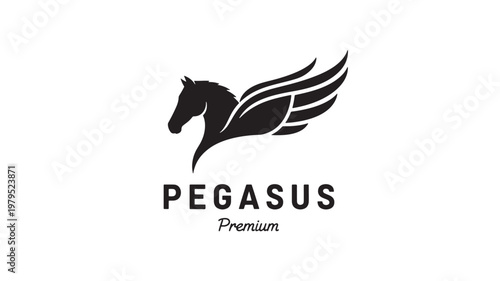 Pegasus logo design with black flying horse icon and winged emblem for premium fantasy branding featuring mythology, mythical creature, Greek myth