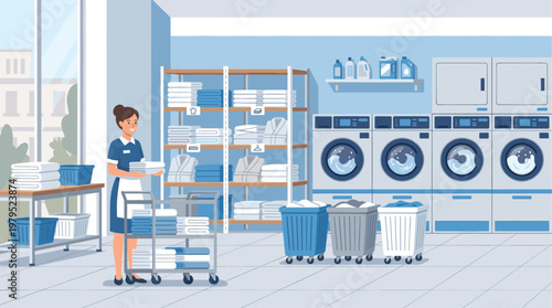 A smiling female laundry worker with clean folded towels on a cart stands near shelves stocked with linens and washing machines.