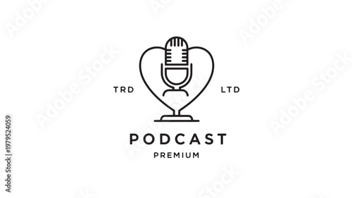 Podcast logo with heart shaped microphone icon in minimalist black line art style for audio branding, streaming, and media identity